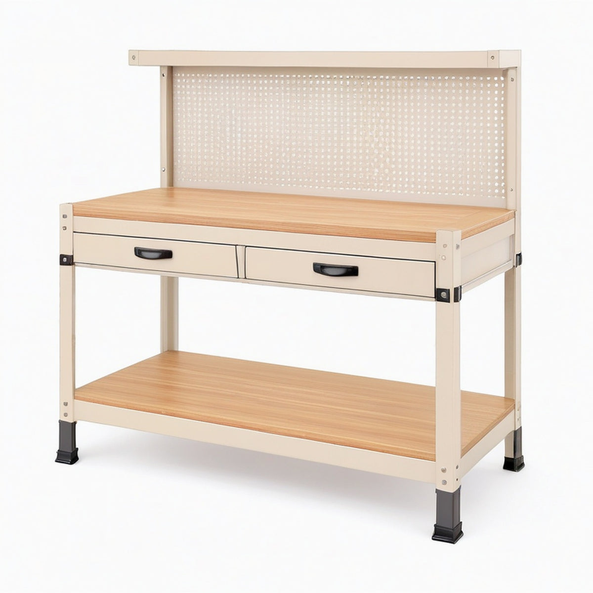 Établi 120 x 60 x 170 cm en acier beige et plateau aspect bois avec 2 tiroirs et panneau perforé