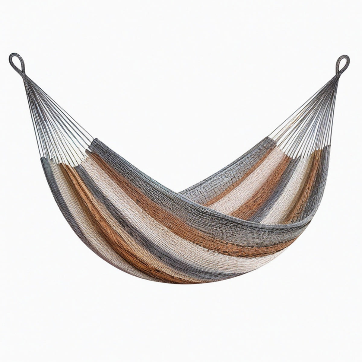 Hamac 300 x 100 cm en corde textile gris marron écru tissé suspendu
