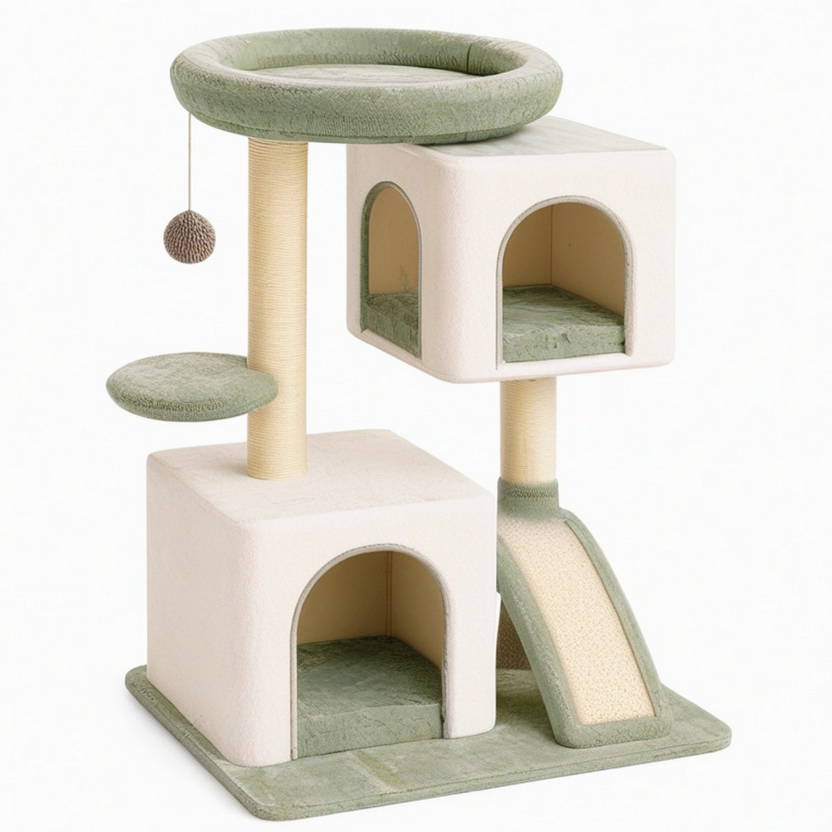 Arbre à chat 60 x 50 x 130 cm en peluche vert crème avec griffoirs et niches