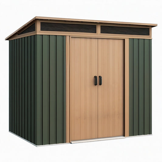Abri de jardin 213 x 130 x 173 cm en acier vert foncé et aspect bois - rangement extérieur ventilé