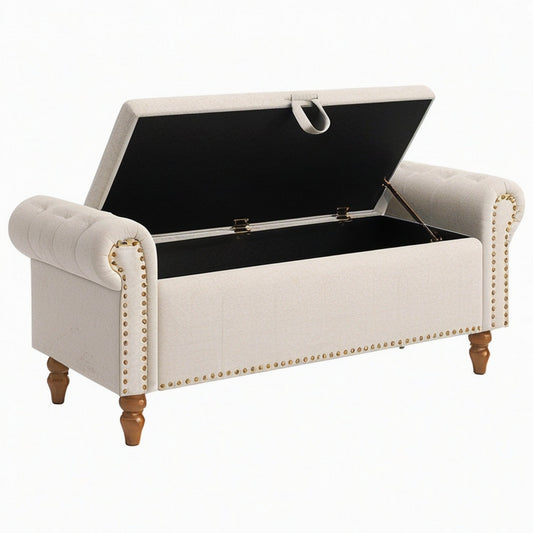 Banc coffre de rangement 120 x 50 x 75 cm en tissu beige style capitonné