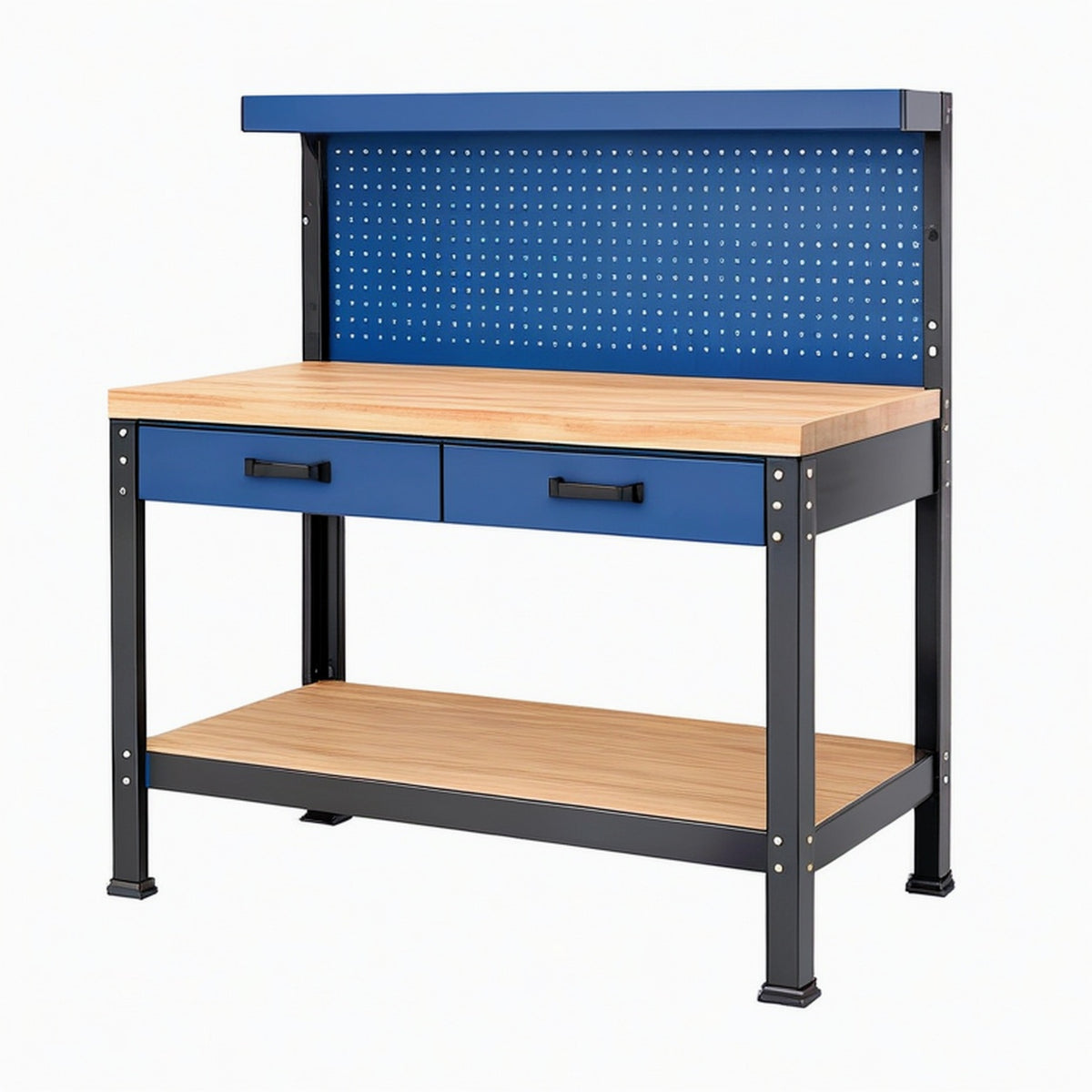 Établi d atelier 120 x 60 x 150 cm en acier et bois bleu noir avec panneau perforé et tiroirs