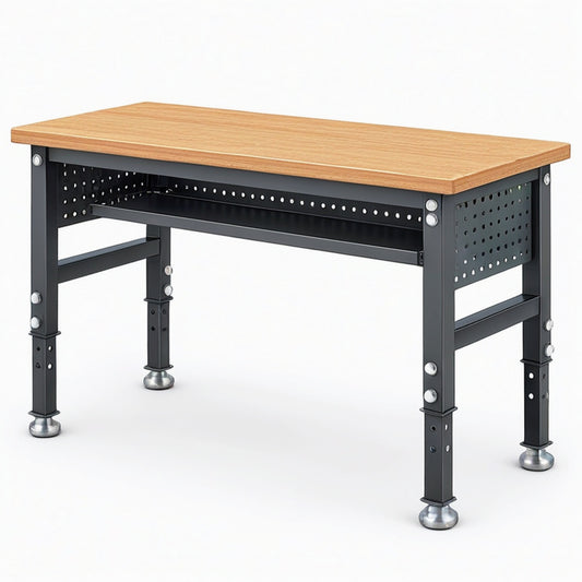 Établi 120 x 60 x 75 cm en acier noir avec plateau aspect bois réglable pour atelier