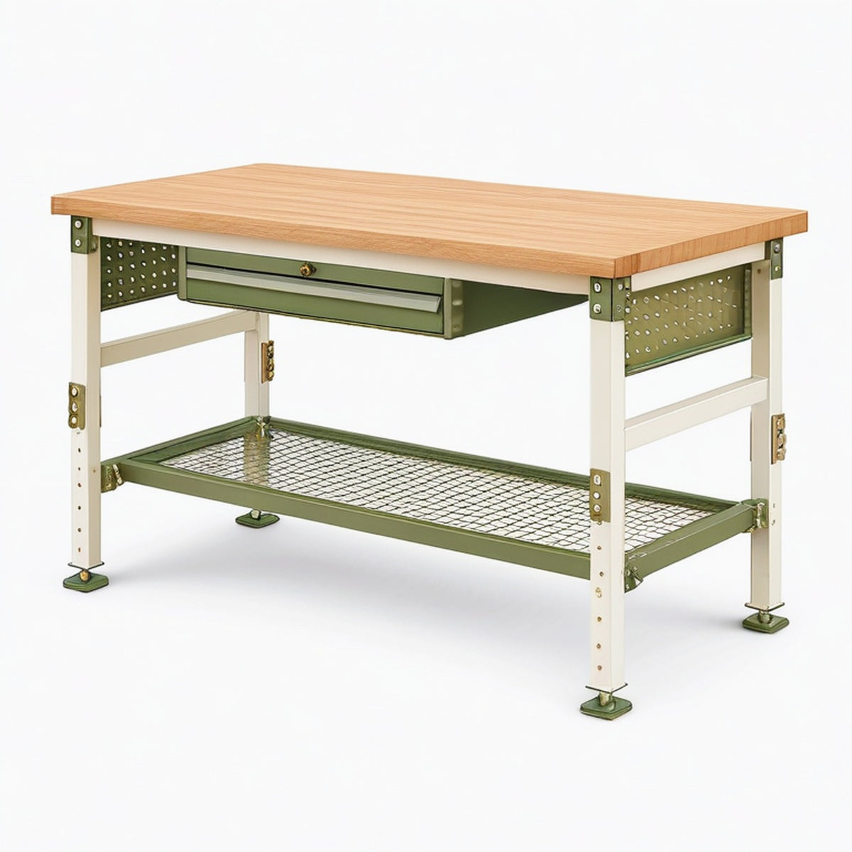 Établi 120 x 60 x 90 cm en bambou et métal vert avec tiroir et étagère style industriel