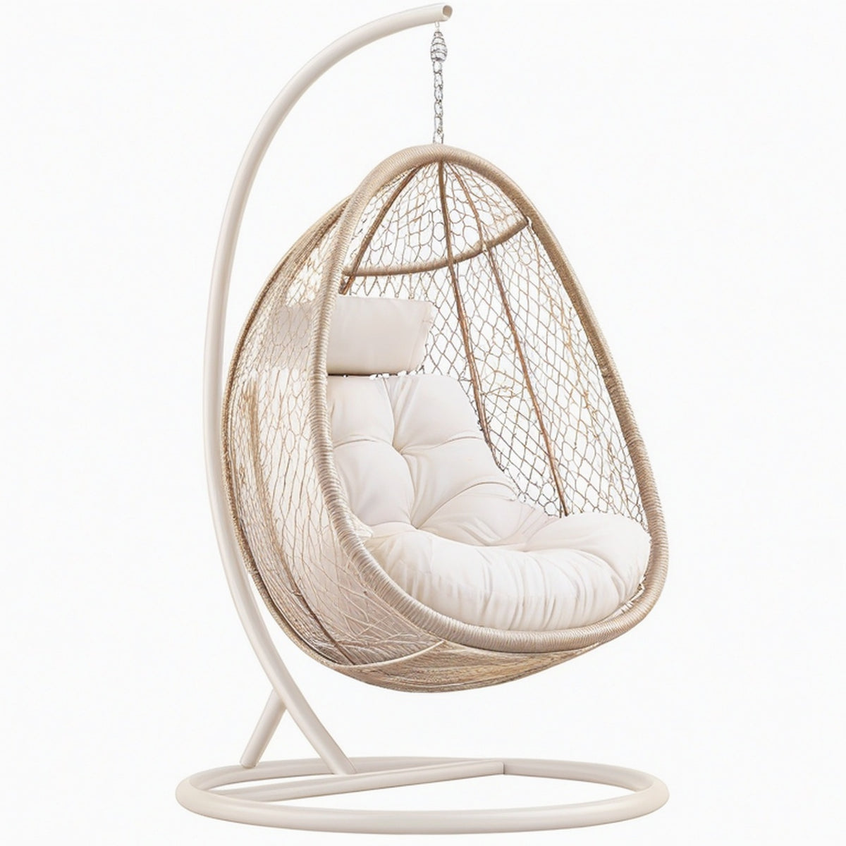 Fauteuil suspendu 105 x 105 x 195 cm en métal et rotin synthétique beige avec coussin style bohème
