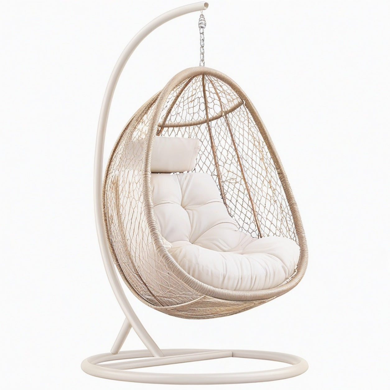 Fauteuil suspendu 105 x 105 x 195 cm en métal et rotin synthétique beige avec coussin style bohème