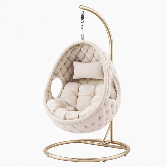 Fauteuil suspendu 105 x 105 x 195 cm en acier doré et tissu beige pour intérieur style contemporain