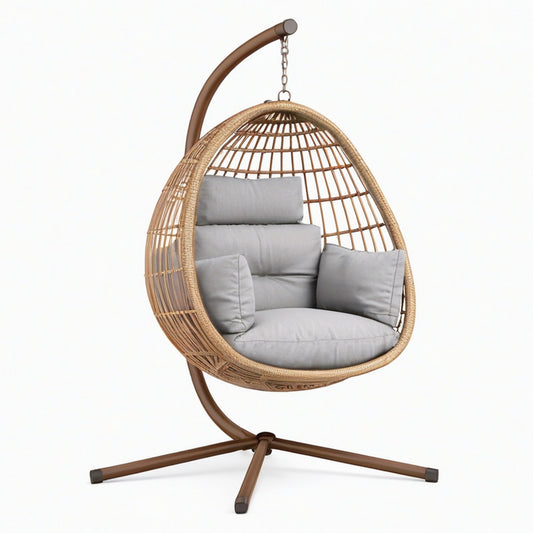 Fauteuil suspendu 105 x 105 x 195 cm tressage effet rotin beige et structure acier marron pour intérieur