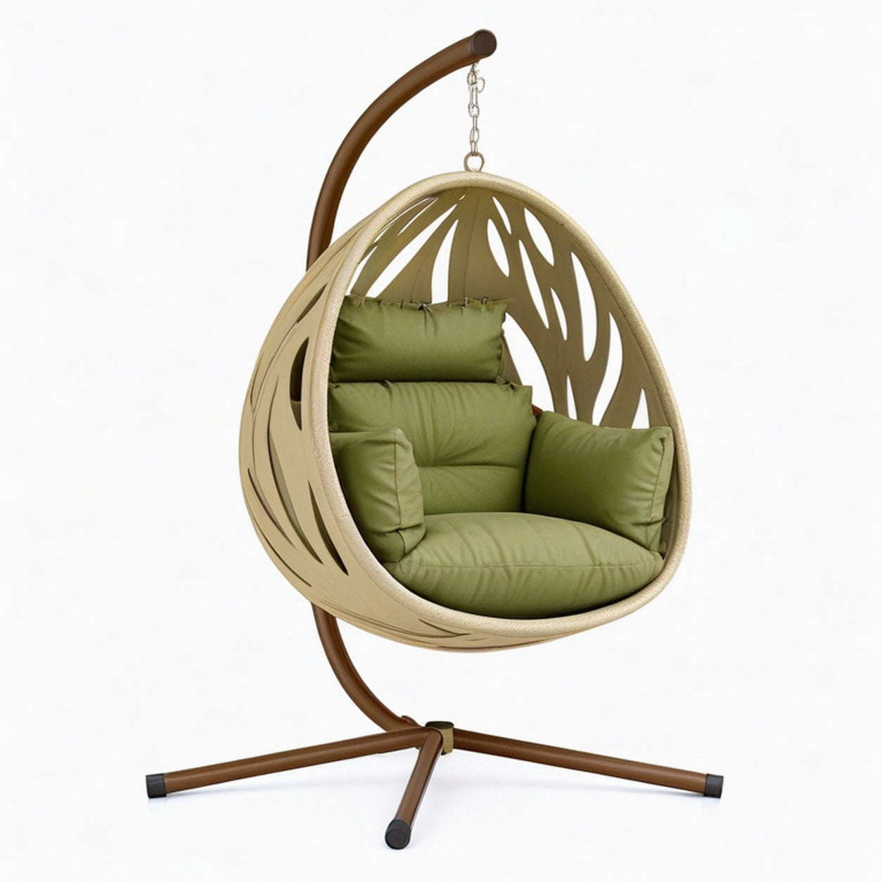 Fauteuil suspendu 105 x 105 x 195 cm en métal et résine tressée marron beige vert avec support