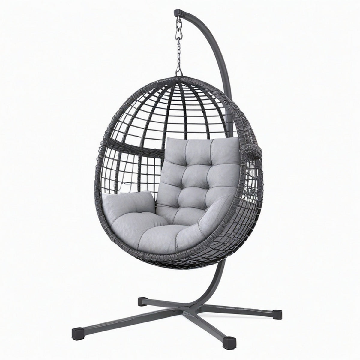 Fauteuil suspendu 105 x 105 x 195 cm en résine tressée gris anthracite avec support contemporain