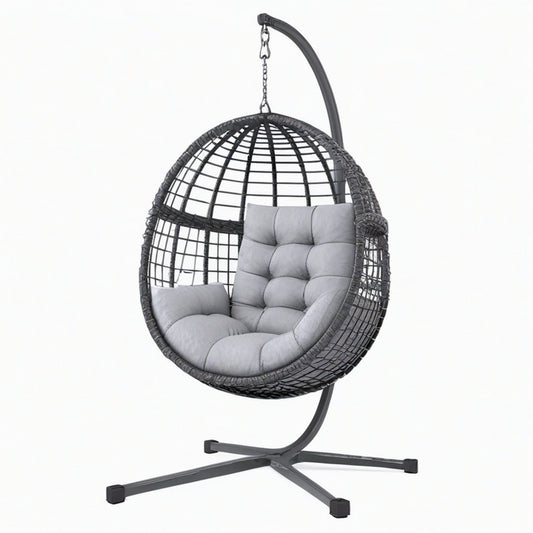 Fauteuil suspendu 105 x 105 x 195 cm en résine tressée gris anthracite avec support contemporain