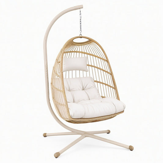 Fauteuil suspendu 105 x 105 x 195 cm en résine tressée beige avec support style bohème