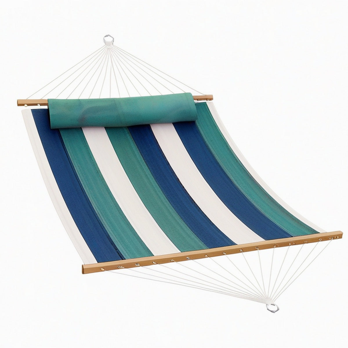 Hamac 300 x 140 cm en tissu vert bleu marine et écru pour jardin - à barres en bois