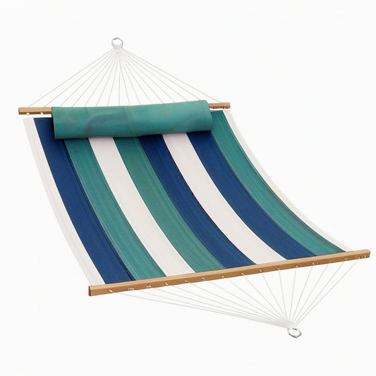 Hamac 300 x 140 cm en tissu vert bleu marine et écru pour jardin - à barres en bois