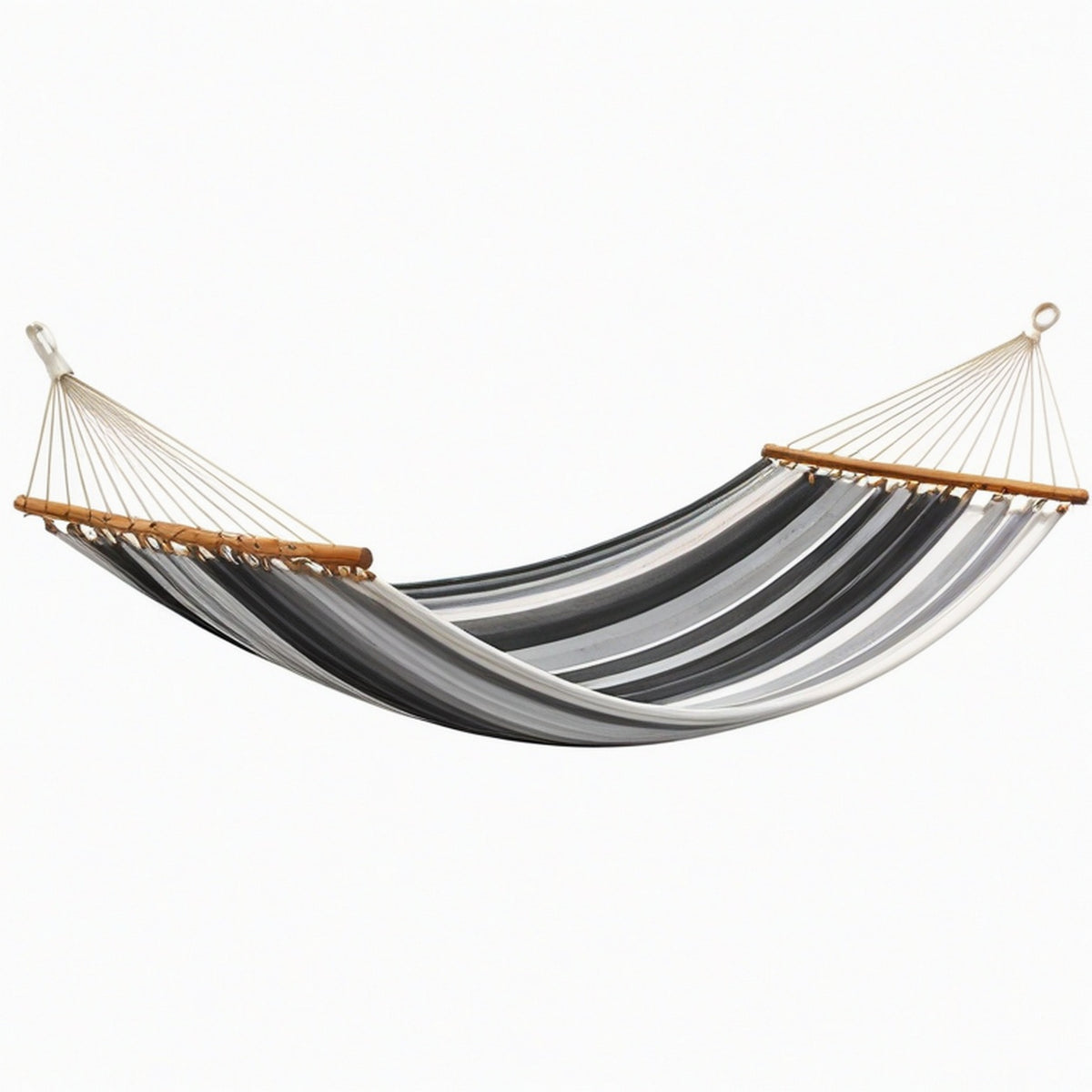 Hamac 300 x 80 cm en coton rayé gris avec barres en bois pour jardin