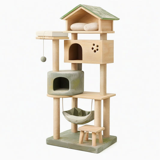 Arbre à chat 80 x 60 x 180 cm en bois beige et vert avec niches griffoirs et hamac