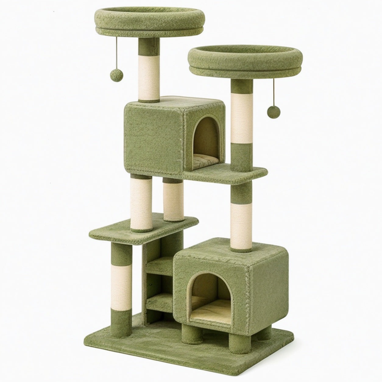 Arbre à chat 60 x 60 x 150 cm en peluche verte avec griffoirs et niches