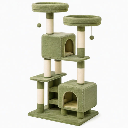 Arbre à chat 60 x 60 x 150 cm en peluche verte avec griffoirs et niches