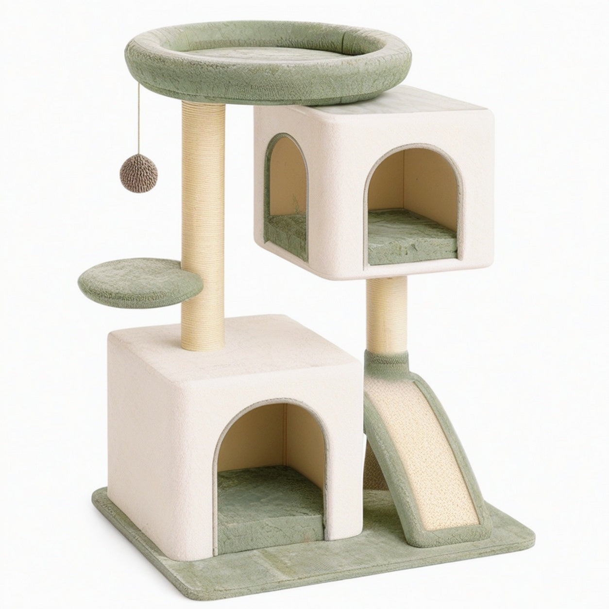 Arbre à chat 60 x 50 x 130 cm en peluche vert crème avec griffoirs et niches