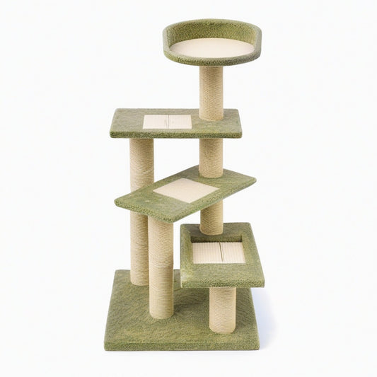 Arbre à chat 50 x 50 x 145 cm vert et beige en sisal avec plateformes et couchage style contemporain