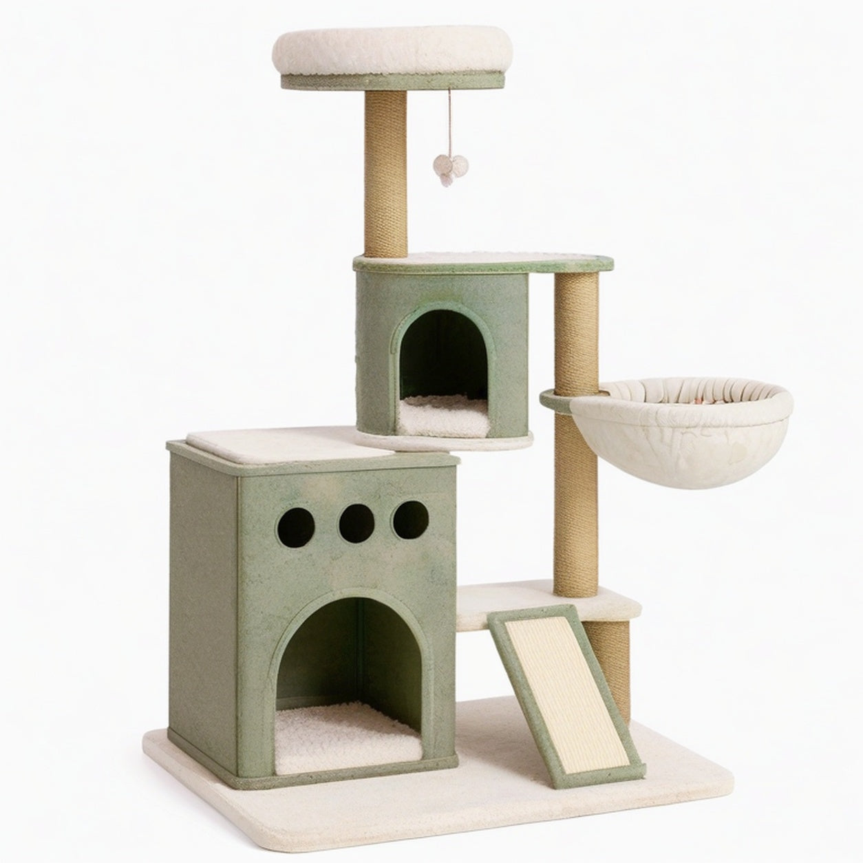 Arbre à chat 60 x 50 x 145 cm en tissu vert et sisal avec niches plateformes hamac et griffoir