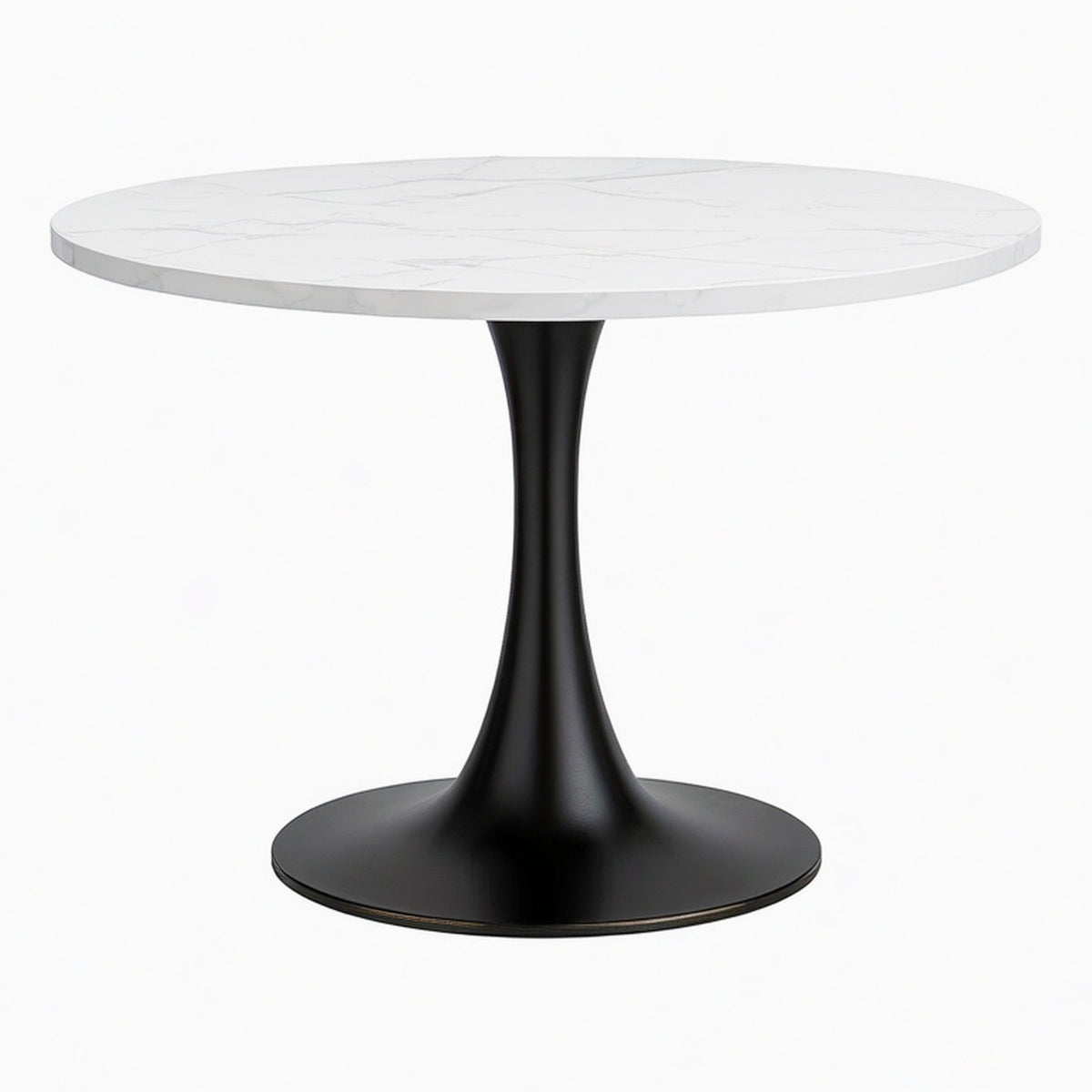 Table à manger ronde diamètre 100 cm plateau effet marbre blanc pied métal noir style contemporain