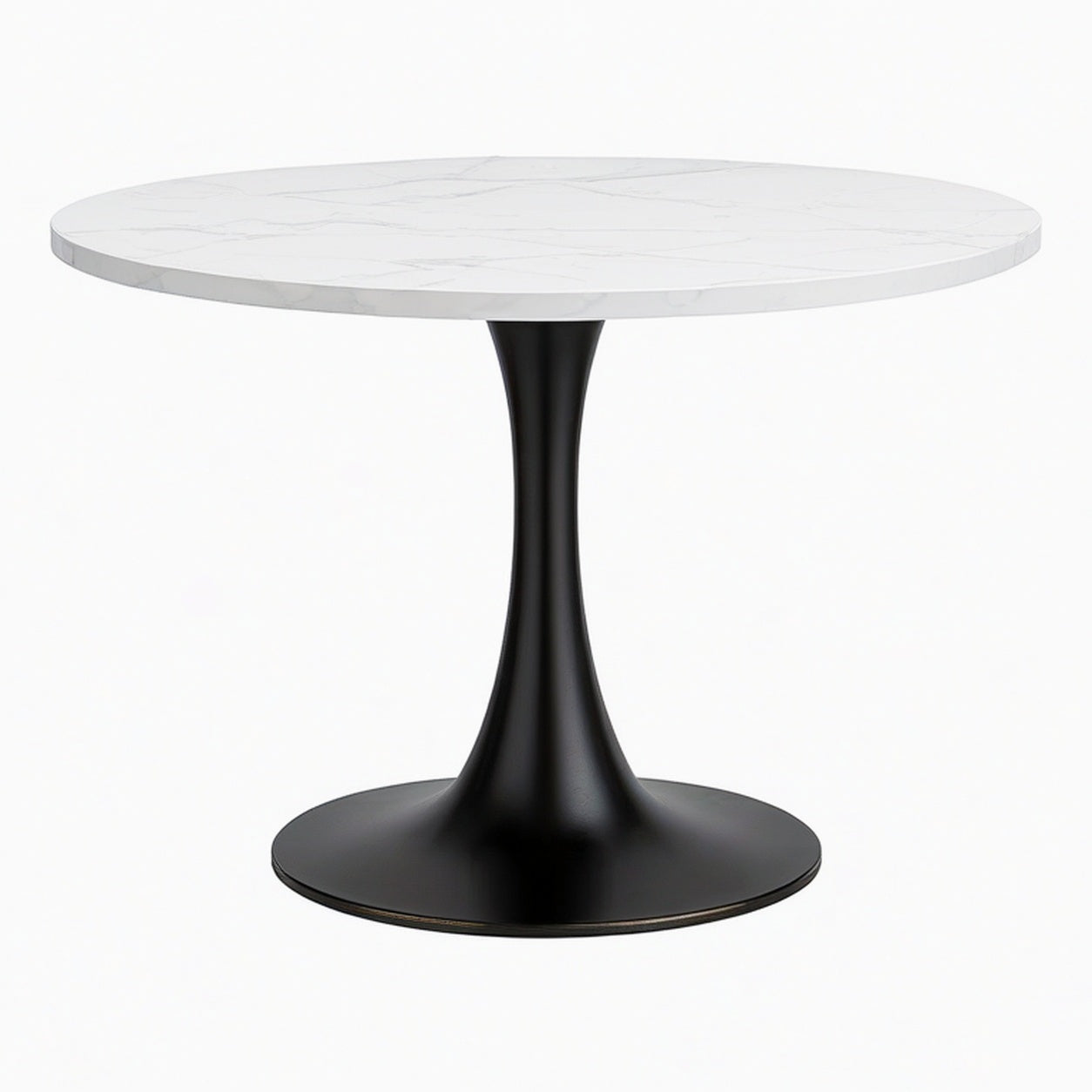Table à manger ronde diamètre 100 cm plateau effet marbre blanc pied métal noir style contemporain