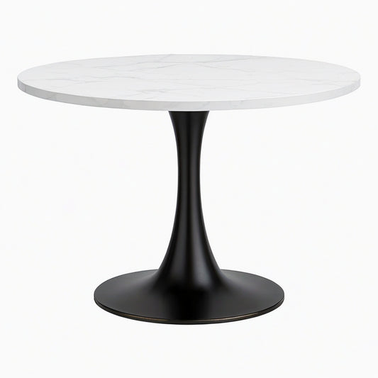 Table à manger ronde diamètre 100 cm plateau effet marbre blanc pied métal noir style contemporain