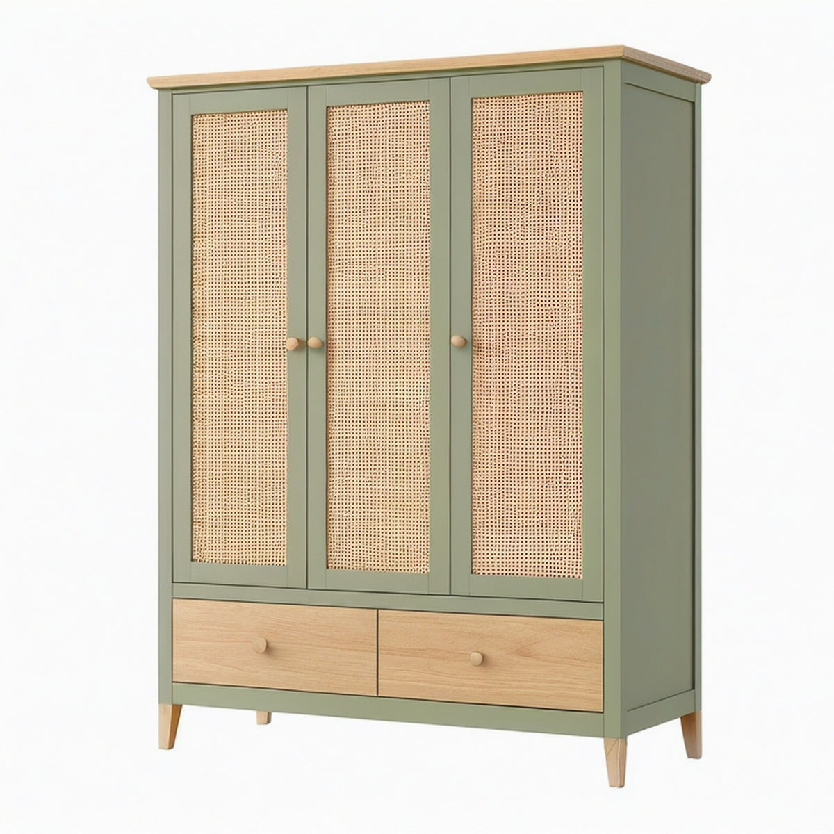 Armoire de rangement 120 x 55 x 190 cm vert sauge et bois portes en cannage style naturel