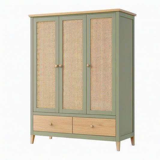 Armoire de rangement 120 x 55 x 190 cm vert sauge et bois portes en cannage style naturel