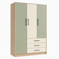 Armoire 120 x 50 x 200 cm en panneaux de bois vert sauge et beige avec 3 portes et 3 tiroirs style contemporain