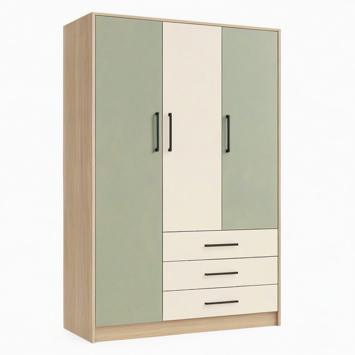 Armoire 120 x 50 x 200 cm en panneaux de bois vert sauge et beige avec 3 portes et 3 tiroirs style contemporain