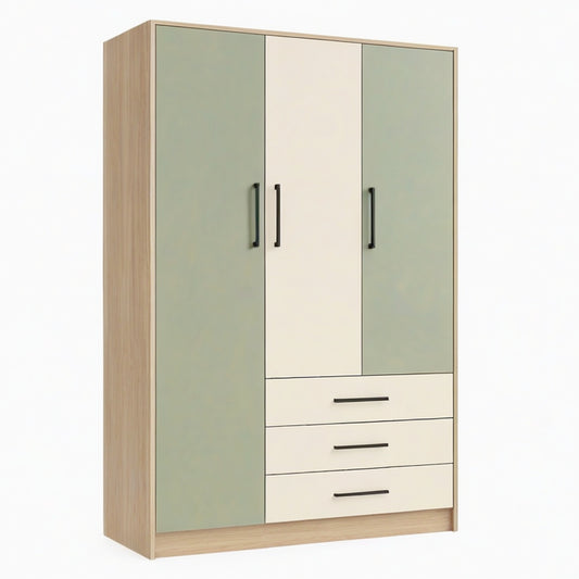 Armoire 120 x 50 x 200 cm en panneaux de bois vert sauge et beige avec 3 portes et 3 tiroirs style contemporain