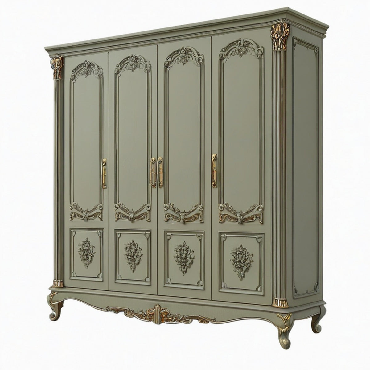 Armoire 4 portes 220 x 60 x 230 cm en bois vert gris style classique