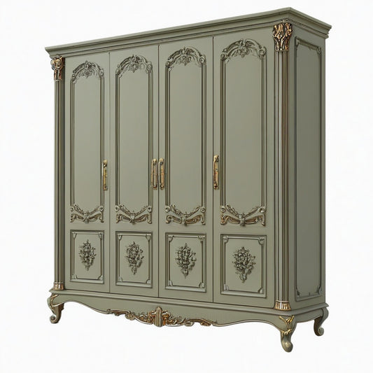 Armoire 4 portes 220 x 60 x 230 cm en bois vert gris style classique