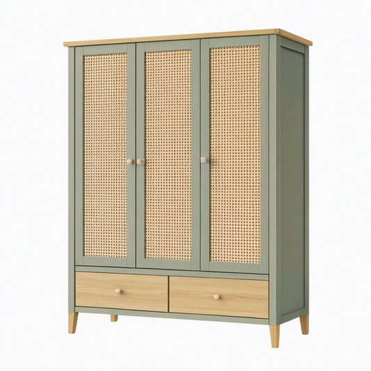 Armoire 120 x 55 x 190 cm en bois vert avec cannage rangement naturel
