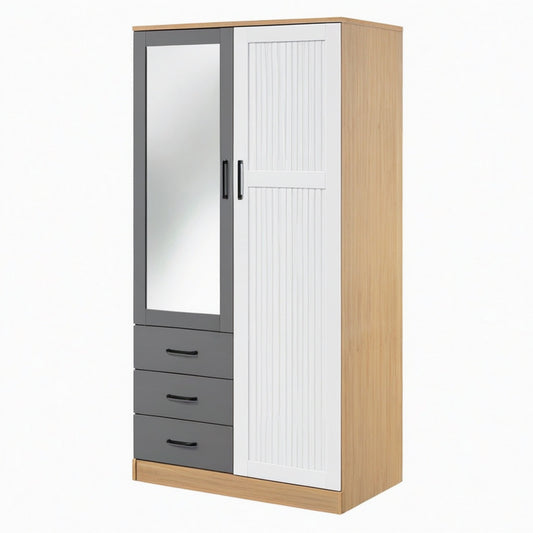 Armoire de rangement 100 x 52 x 200 cm effet chêne blanc gris avec miroir et tiroirs style contemporain