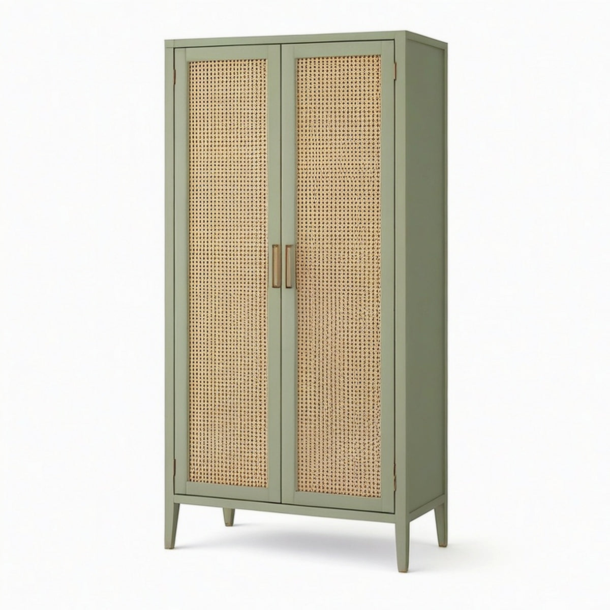 Armoire 90 x 45 x 180 cm en bois vert sauge et cannage naturel - rangement bohème