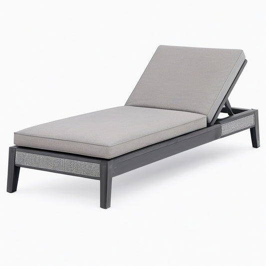 Chaise longue de jardin 200 x 70 x 35 cm en bois noir et textile gris avec dossier réglable